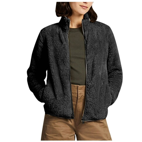 WMTBSRSW Women's Winter Warm Coat Fuzzy Fleece Long Sleeve Cropped Sweatshirts Jackets Casual Zip Up Bomber Coat with Pockets Coffee X-Large