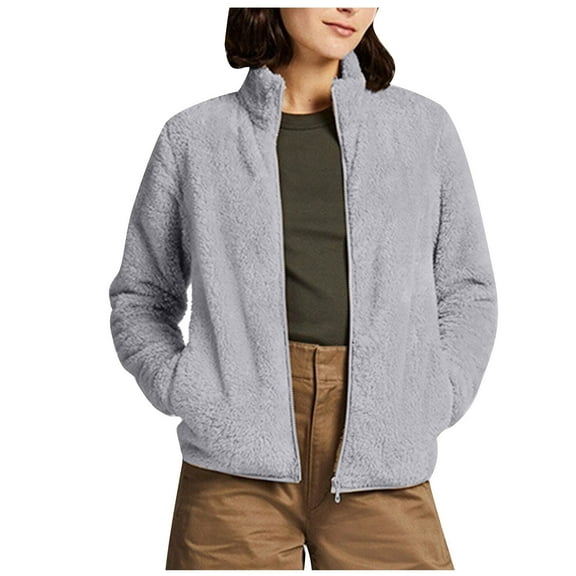 WMTBSRSW Women's Winter Warm Coat Fuzzy Fleece Long Sleeve Cropped Sweatshirts Jackets Casual Zip Up Bomber Coat with Pockets Gray Small