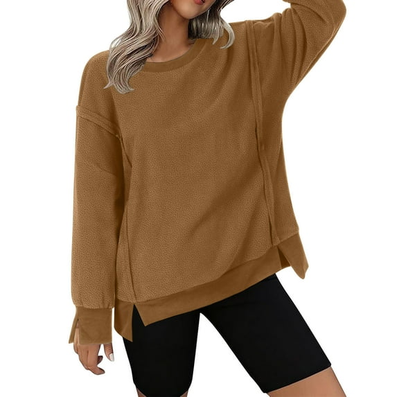 WMTBSRSW Women's Winter Warm Pullover Tops Polar Fleece Crewneck Sweatshirts Trendy Plush Fuzzy Sherpa Split Cuff and High Low Split Casual Blouse for Ladies Coffee