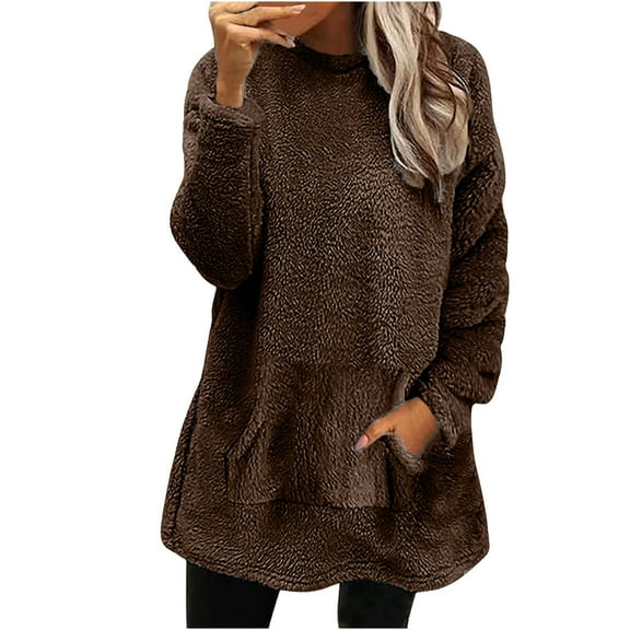 WMTBSRSW Women's Winter Warm Pullover Tops Sherpa Fuzzy Fleece Sweatshirt with Pockets Solid Casual Long Sleeve Crewneck Tops for Loungewear Coffee X-Large