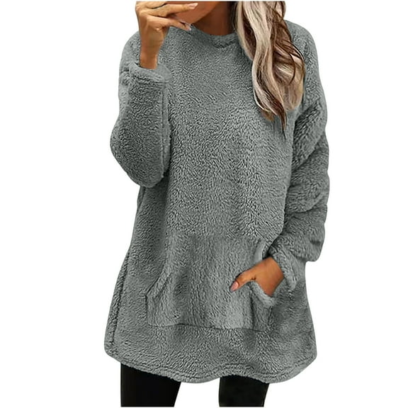 WMTBSRSW Women's Winter Warm Pullover Tops Sherpa Fuzzy Fleece Sweatshirt with Pockets Solid Casual Long Sleeve Crewneck Tops for Loungewear Dark Gray X-Large