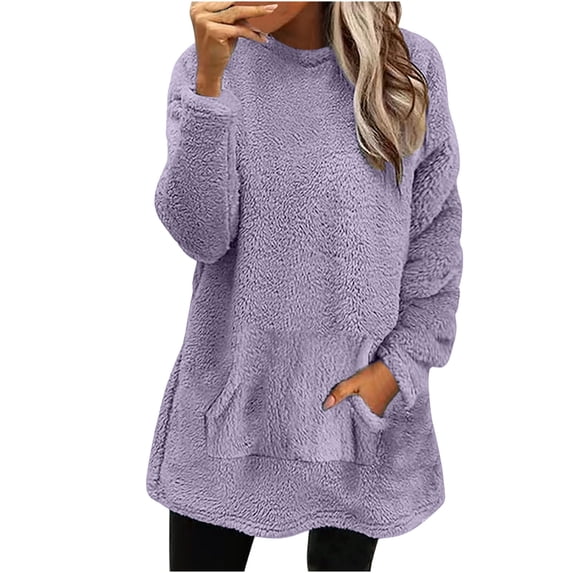 WMTBSRSW Women's Winter Warm Pullover Tops Sherpa Fuzzy Fleece Sweatshirt with Pockets Solid Casual Long Sleeve Crewneck Tops for Loungewear Purple Medium