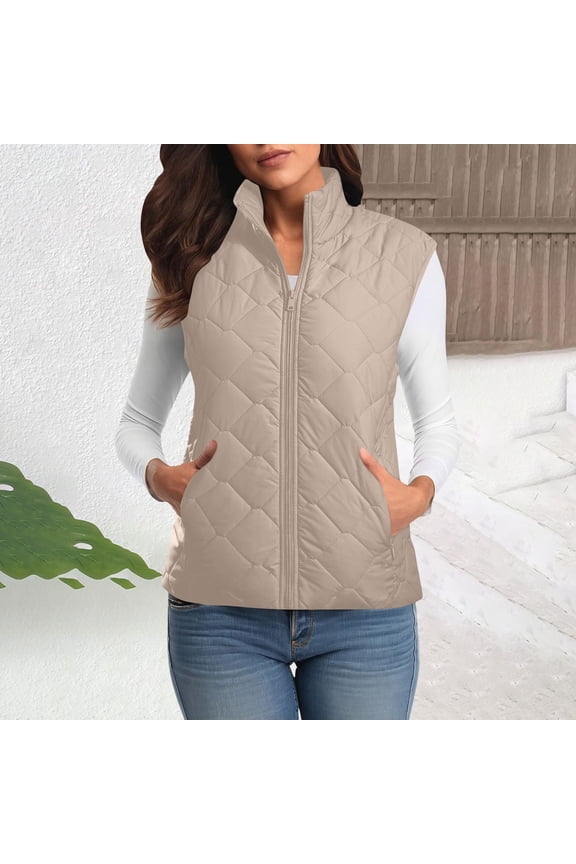 Women's Winter Warm Quilted Vest Casual Sleeveless Zip up Padded Jackets Thermal Solid Waistcoat with Pockets No Hood Beige X-Large