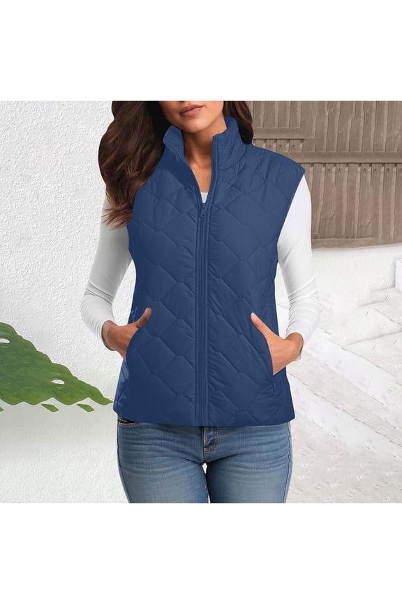 Women's Winter Warm Quilted Vest Casual Sleeveless Zip up Padded Jackets Thermal Solid Waistcoat with Pockets No Hood Blue Small