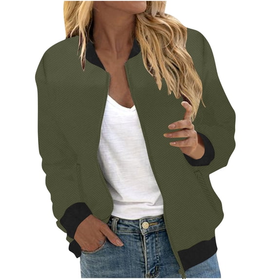 WMTBSRSW Women's Zip Up Jackets Lightweight Textured Bomber Jacket Casual Long Sleeve Crewneck Cardigan Coats with Pockets Army Green M