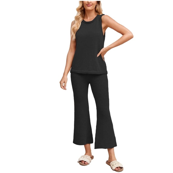 WMTBSRSW Womens 2 Piece Knit Outfits Comfy Summer Loungewear Sets Crewneck Tank Tops and HIgh Waisted Flare Capris Trousers Black Small