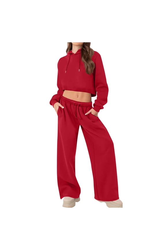 Womens 2 Piece Oufits Long Sleeve Crop Hoodie Sweatsuits Fleece Drawstring Wide Leg Lounge Tracksuit with Joggers Sweatpants