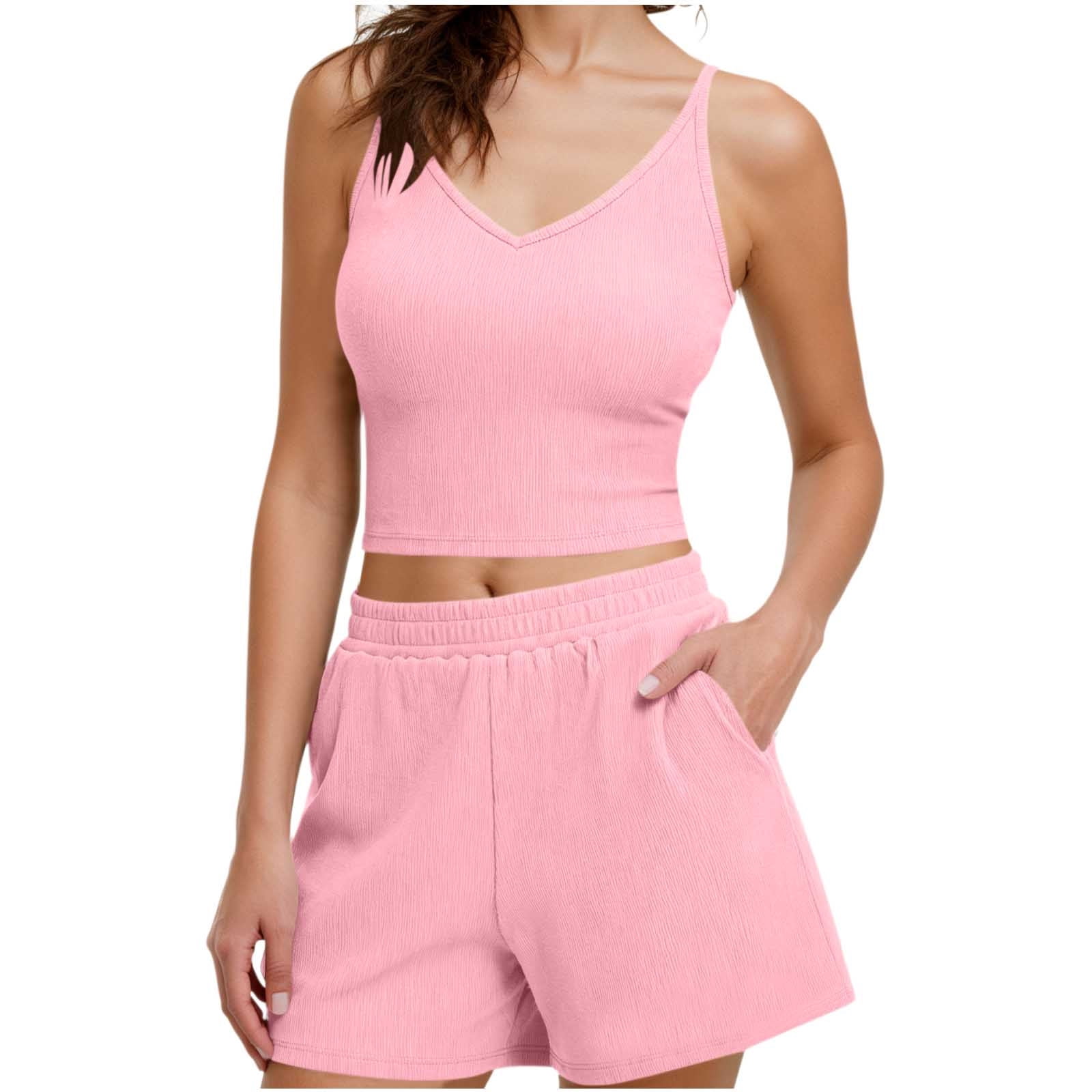 WMTBSRSW Womens 2 Piece Sets Summer Outfits Fitted V Neck Crop Cami Top ...