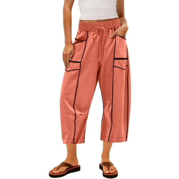 WMTBSRSW Womens Baggy Barrel Cropped Pants Color Block Wide Leg Drawstring Sweatpants with Pockets Loose Casual Summer Capris Trousers Orange Small