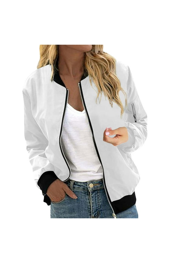 Womens Bomber Jacket Lightweight Waterproof Casual Jacket Full Zip Windbreaker Fall Outwear Coat
