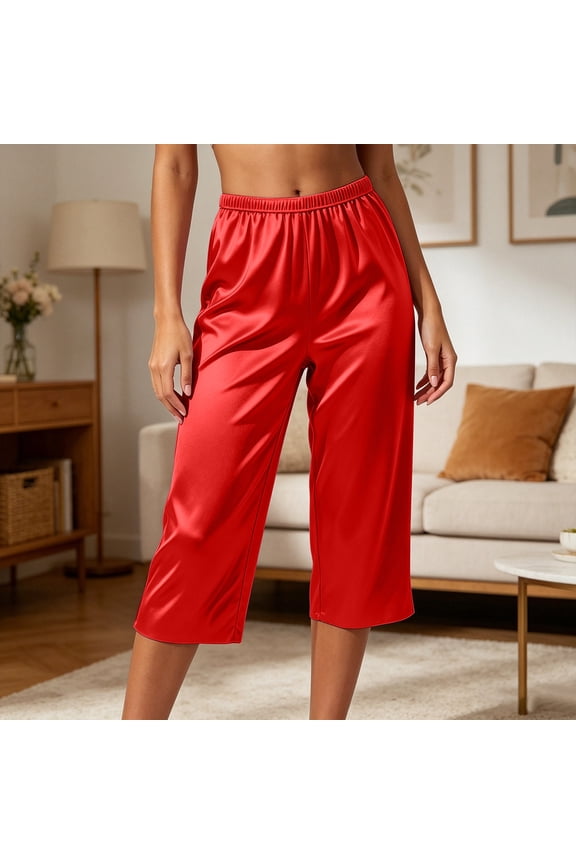 Womens Capri Pajamas Pants Silk Satin Sleep Cropped Pants Soft Loungewear Elastic Waisted Pj Bottoms Red Large