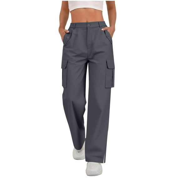 WMTBSRSW Womens Cargo Pants Stretchy Side Split Button High Waisted Pants Casual Baggy Joggers Pants with Pockets Dark Gray M