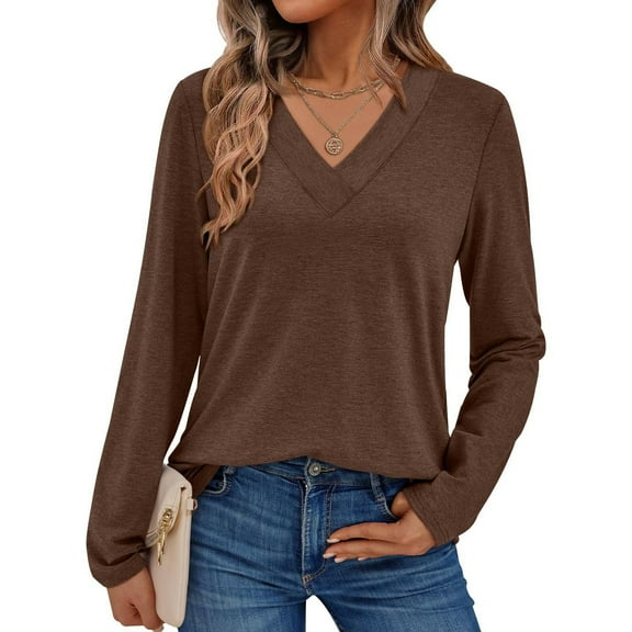 WMTBSRSW Womens Casual Basic Tops Solid V Neck Blouse Fall Long Sleeve Shirts Lightweight Dressy Work T Shirts Brown Medium