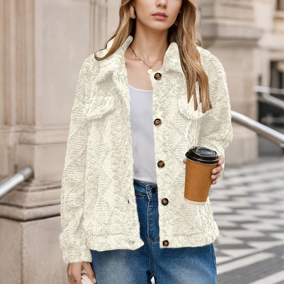 WMTBSRSW Womens Casual Jakkets Soft Fleeve Lined Button Down Coat Fuzzy Sherpa Long Sleeve Lapel Cardigan Outwear with Pockets Beige Small