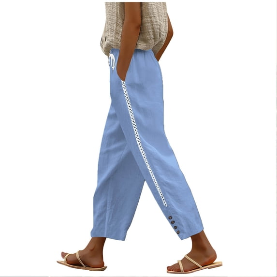 WMTBSRSW Womens Casual Linen Pants Y2k Trousers Lace Trim Patchwork High Waist Drawstring Sweatpants Button Tapered Slacks Pockets Summer Beach Loungewear Outfits
