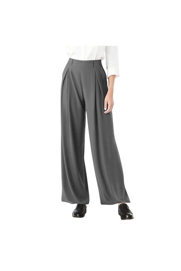 Womens Casual Pull On Pants Loose Flowy Wide Leg Pleated Work Office Pants Solid High Waisted Trousers with Pockets Gray X-Large