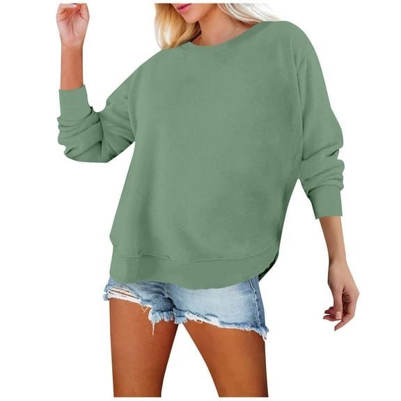 WMTBSRSW Womens Casual Pullover Tops Side Split Crewneck Sweatshirts Solid Long Sleev Blouse Trendy Clothes