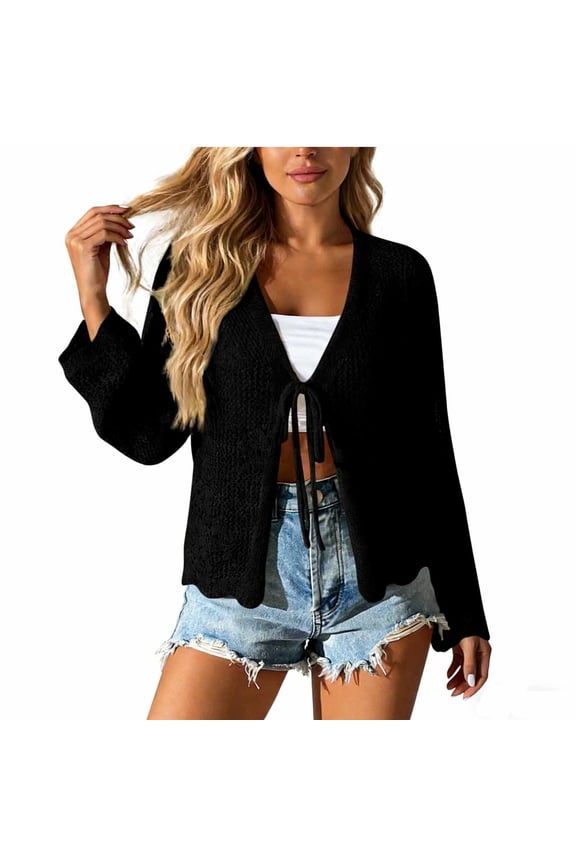 Womens Crochet Cardigans Duster Lace Up Long Sleeve Open Front Shrugs for Dresses Summer Boho Beach Cover Ups Black X-Large