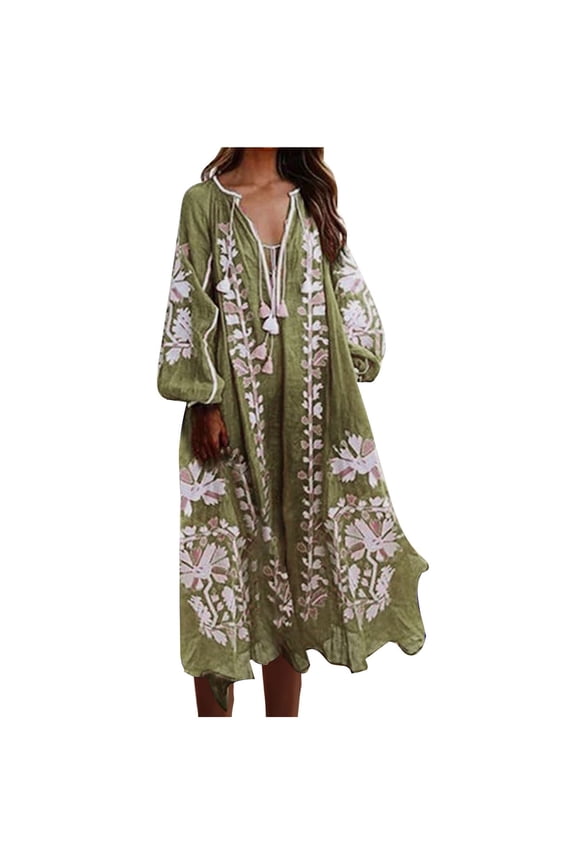 Womens Dresses Fall Boho Floral Print Loose V Neck Vacation Beach Midi Dress Casual Long Sleeve Flowy Cocktail Wedding Party Maxi Dress