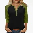 thumbnail image 1 of WMTBSRSW Womens Fall Casual Dressy Tops 3/4 Sleeve Henley Shirts Loose Casual Half Button Tshirts Color Block V Neck Tees Green Small, 1 of 9