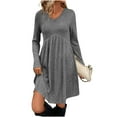 thumbnail image 1 of WMTBSRSW Womens Fall Long Sleeve Dress Ribbed Knit V Neck Flowy A Line Mini Sweater Dresses Casual Empire Waist Pleated Dress Dark Gray X-Large, 1 of 9