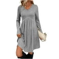 thumbnail image 1 of WMTBSRSW Womens Fall Long Sleeve Dress Ribbed Knit V Neck Flowy A Line Mini Sweater Dresses Casual Empire Waist Pleated Dress Gray Medium, 1 of 9