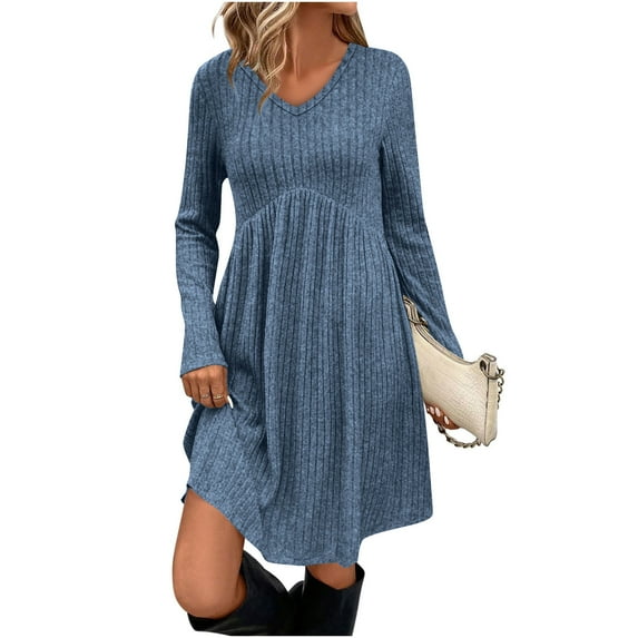 WMTBSRSW Womens Fall Long Sleeve Dress Ribbed Knit V Neck Flowy A Line Mini Sweater Dresses Casual Empire Waist Pleated Dress Navy XX-Large