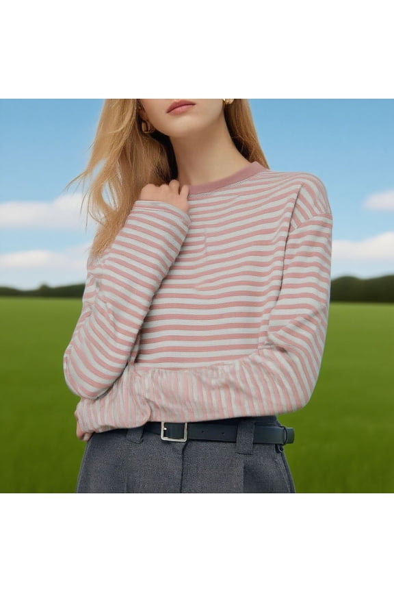 Womens Fall Long Sleeve Tops Trendy Striped Smock Neck Blouse for Work Business Loose Casual Undershirts
