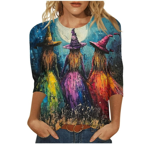 WMTBSRSW Womens Fall Shirts Halloween Crewneck 3/4 Length Sleeve Witch Silhouette Tops Loose Casual Graphic Tee Spooky Season Tees