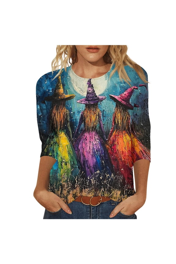 Womens Fall Shirts Halloween Crewneck 3/4 Length Sleeve Witch Silhouette Tops Loose Casual Graphic Tee Spooky Season Tees
