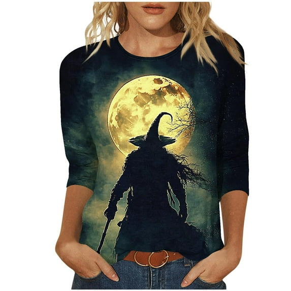 WMTBSRSW Womens Fall Shirts Halloween Crewneck 3/4 Length Sleeve Witch Silhouette Tops Loose Casual Graphic Tee Spooky Season Tees
