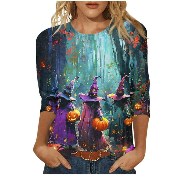 WMTBSRSW Womens Fall Shirts Halloween Crewneck 3/4 Length Sleeve Witch Silhouette Tops Loose Casual Graphic Tee Spooky Season Tees