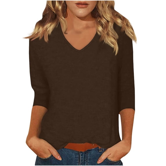 WMTBSRSW Womens Fall Tops Casual 3/4 Sleeve V Neck Shirts Loose Basic Tunic Blouses Solid Tees to Wear with Leggings Coffee X-Large