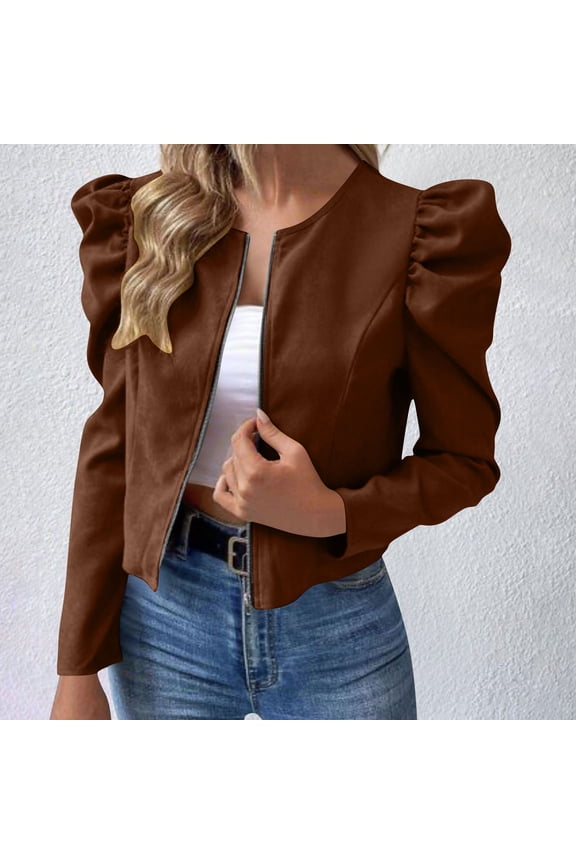 Womens Fashion Cropped Bomber Jackets Puff Long Sleeve Zip up Shackets Jackets Fall Trendy Smock Neck Short Open Front Cardigan Coat XXXL