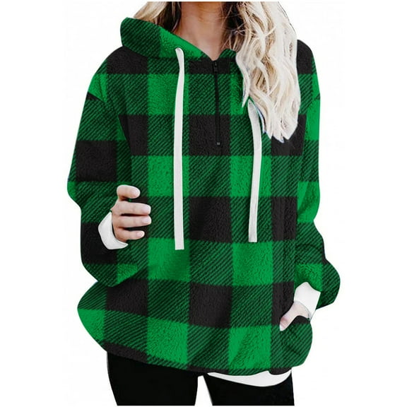 WMTBSRSW Womens Fashion Plaid Haif Zip Sweatshirt Sherpa Quarter Zip Pullover Fall Winter Long Sleeve Fleece Sweaters Hoodies Sweatshirts with Pockets and Drawstring Green X-Large