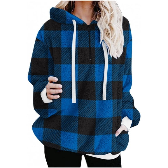 WMTBSRSW Womens Fashion Plaid Haif Zip Sweatshirt Sherpa Quarter Zip Pullover Fall Winter Long Sleeve Fleece Sweaters Hoodies Sweatshirts with Pockets and Drawstring Blue XX-Large