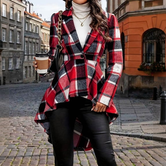 WMTBSRSW Womens Fashion Plaid Jackets Trendy Long Sleeve One Button Shacke Jackets with High Low Hem Streetwear Red Small
