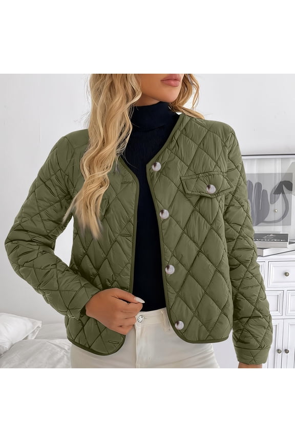 Womens Fashion Quilted Cropped Coat Lightwieght V Neck Button Down Cardigan Jackets Winter Warm Puffer Short Outwear Green Large