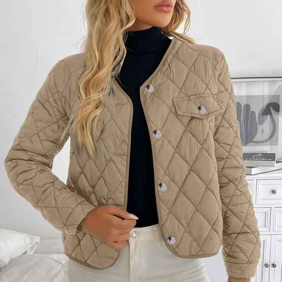 WMTBSRSW Womens Fashion Quilted Cropped Coat Lightwieght V Neck Button Down Cardigan Jackets Winter Warm Puffer Short Outwear Khaki Small