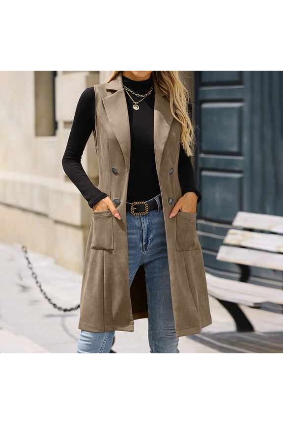 Womens Faux Suede Long Vest Notch Lapel Double Breasted Blazer Jacket Vintage Sleeveless Casual Work Trench Coat with Pockets