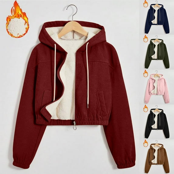 WMTBSRSW Womens Fleece Lined Zip Up Hoodies Jackets Cropped Sweatshirts Fall Winter Outfits Casual Comfy Y2k Tops Warm Outwear Green Small