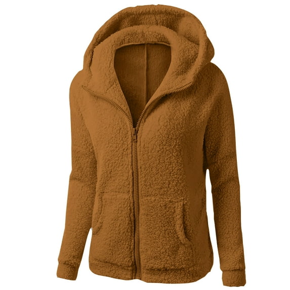 WMTBSRSW Womens Fleece Zip Up Jacket with Pockets Slim Fit Long Sleeve Sherpa Hoodie Fuzzy Jackets Solid Warm Teddy Coat Brown 3X-Large