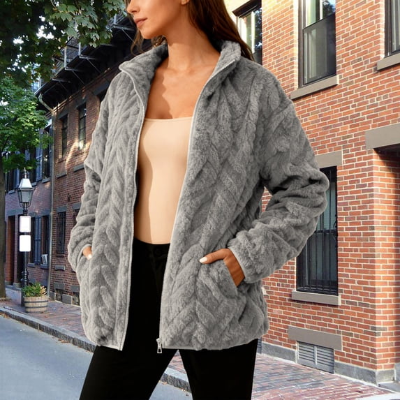 WMTBSRSW Womens Fuzzy Fleece Cardigan Jackets Loose Casual Sherpa Stand Collar Coat with Pockets Solid Winter Warm Outwear