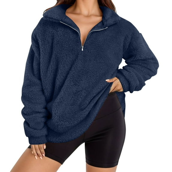 WMTBSRSW Womens Fuzzy Fleece Pullover Plus Size Half Zip Sweatshirt Long Sleeve Plush Sherpa Sweatshirts Loose Casual Tops for Women Winter Outwear Jackets Navy 5X-Large