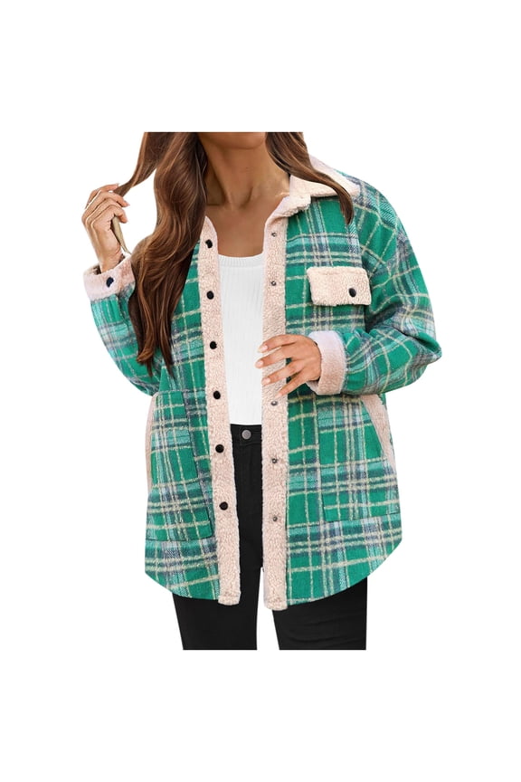 Womens Fuzzy Fleece Side Lined Jacket Button Down Flannel Plaid Shirt Oversized Long Sleeve Shackets Fall Winter Clothes