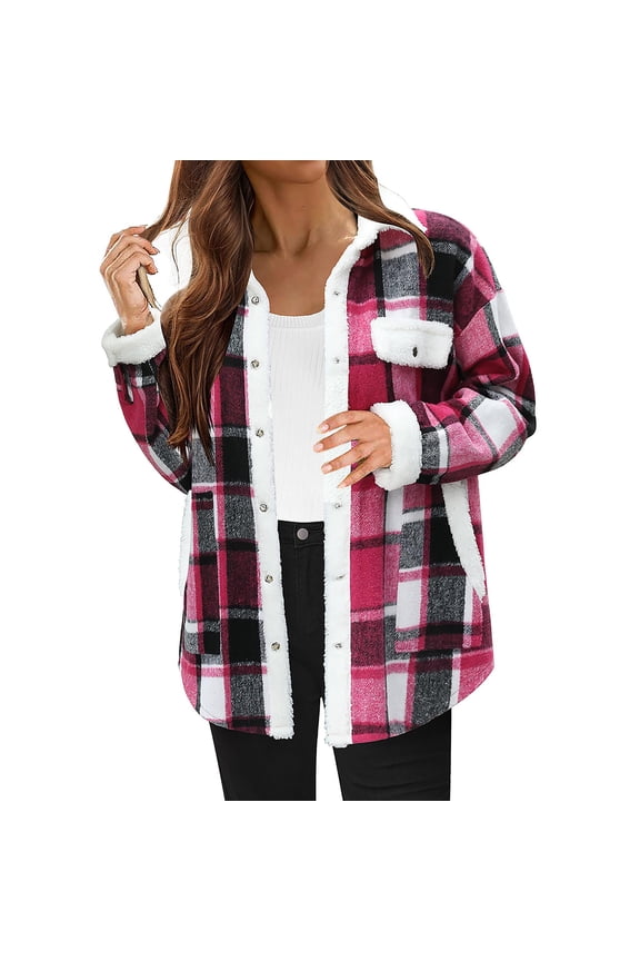 Womens Fuzzy Fleece Side Lined Jacket Button Down Flannel Plaid Shirt Oversized Long Sleeve Shackets Fall Winter Clothes