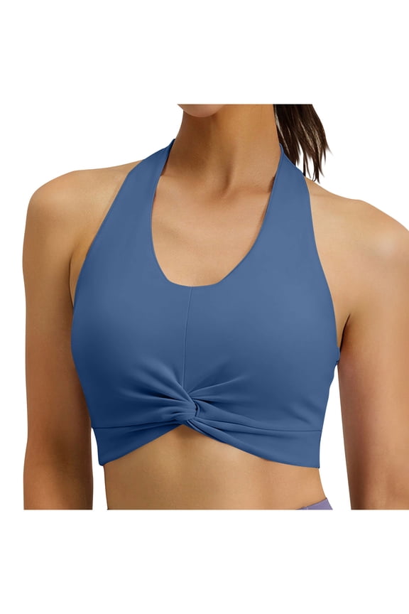 Womens Halter Workout Sports Tank Tops Buttery Longline Stappy Gym Crop Tops Front Twist U Neck Running Yoga Fitness Cropped Tops with Removable Padded Navy Medium