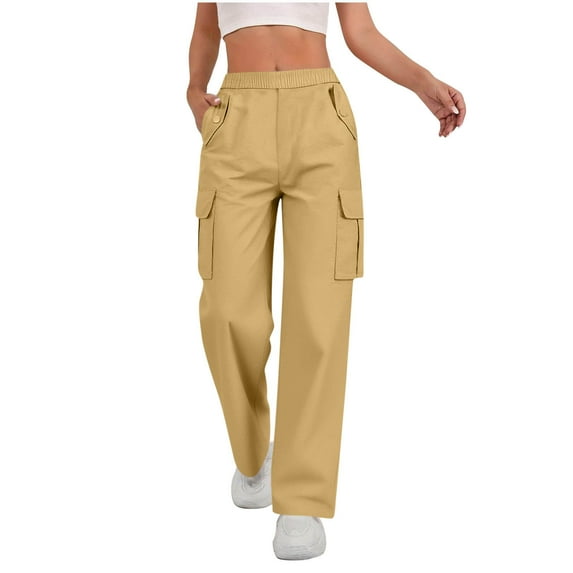 WMTBSRSW Womens Hiking Cargo Pants with Pockets Lightweight Straight Leg Active Sweatpants Solid ElastIc Waisted High Waisted Trousers Yellow XX-Large