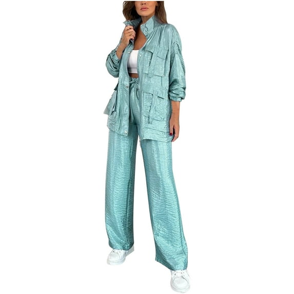 WMTBSRSW Womens Long Sleeve 2 Piece Outfits Vintage Zip Lapel Pocketed Cargo Jacket Top and Wide Leg Pants Casual Tracksuit Set