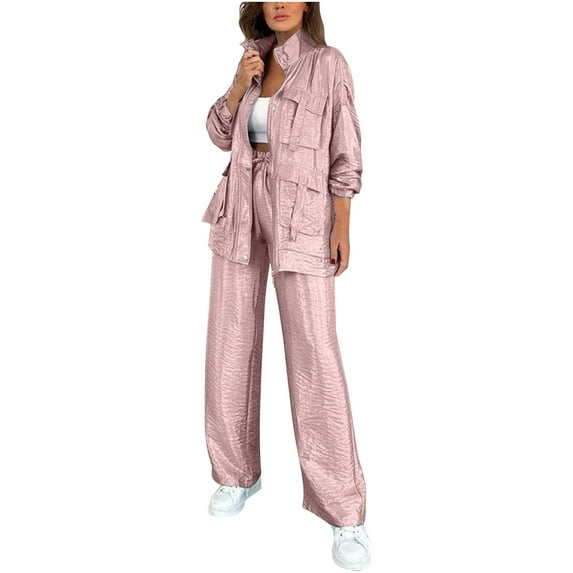 WMTBSRSW Womens Long Sleeve 2 Piece Outfits Vintage Zip Lapel Pocketed Cargo Jacket Top and Wide Leg Pants Casual Tracksuit Set